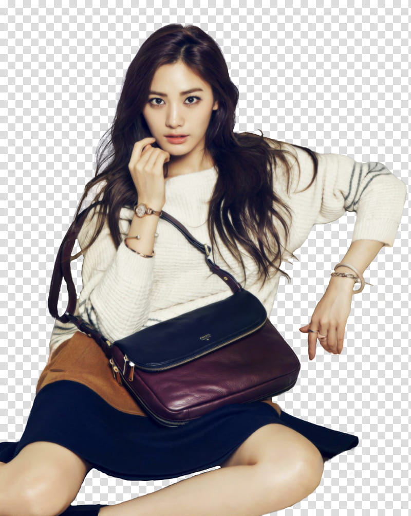 IM JIN AH NANA, woman in white sweatshirt and black miniskirt with brown leather bag transparent background PNG clipart