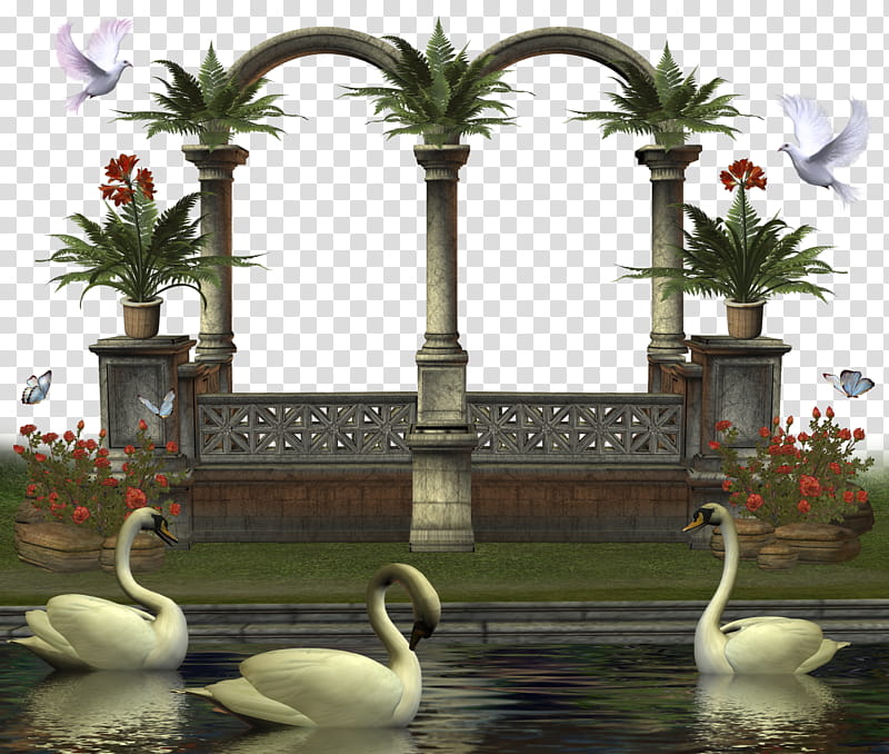 medieval structure , three white swans on calm body of water transparent background PNG clipart