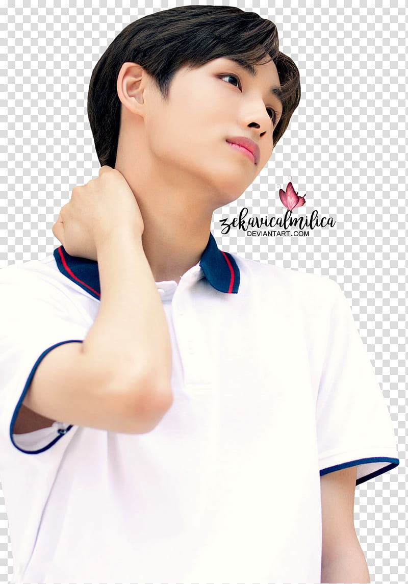 NCT Winwin Summer Vacation, man wearing white polo shirt holding his neck transparent background PNG clipart
