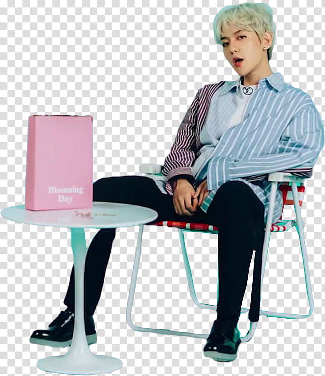 EXO CBX Blooming Day MV, EXO member sitting on armchair in front of round white table transparent background PNG clipart