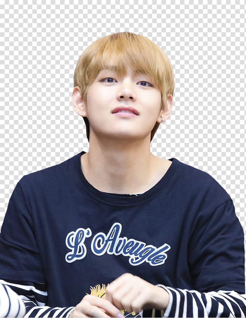 V BTS, man wearing blue and white crew-neck long-sleeved shirt transparent background PNG clipart
