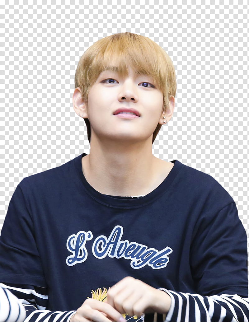 V BTS, man wearing blue and white crew-neck long-sleeved shirt ...