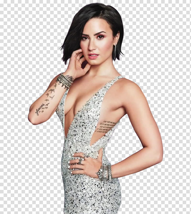 Demi Lovato , woman in black and white plunging neckline dress transparent background PNG clipart