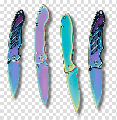RNDOM, four iridescent folding knivea transparent background PNG clipart