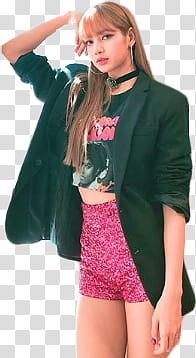 Lisa BLACKPINK, Lisa Manoban in pink shorts and green blazer transparent background PNG clipart