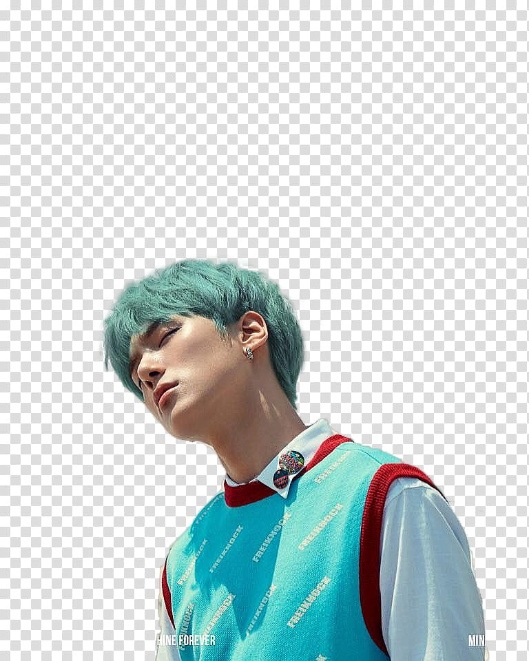 MONSTA X Shine Forever, green-haired man wearing teal and white shirt transparent background PNG clipart