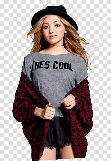 Peyton List, woman in gray crew-neck T-shirt and black hat transparent background PNG clipart