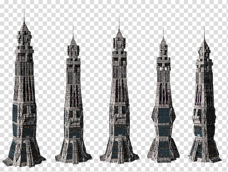 Sci Fi Towers, five gray towers illustration transparent background PNG clipart