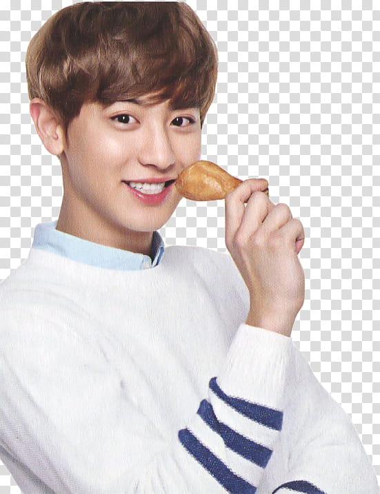 EXO Goobne Chicken, man wearing white and blue striped crew-neck sweatshirt holding chicken drumstick transparent background PNG clipart