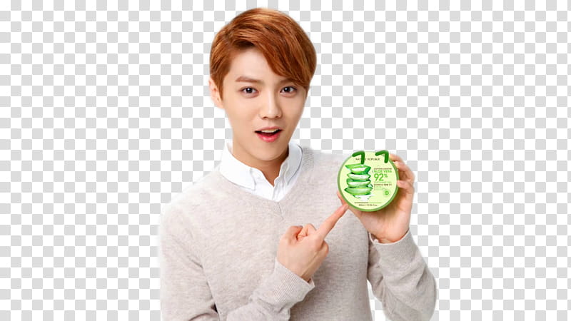 LUHAN EXO M CUT, man wearing gray shirt pointing to green plastic container transparent background PNG clipart