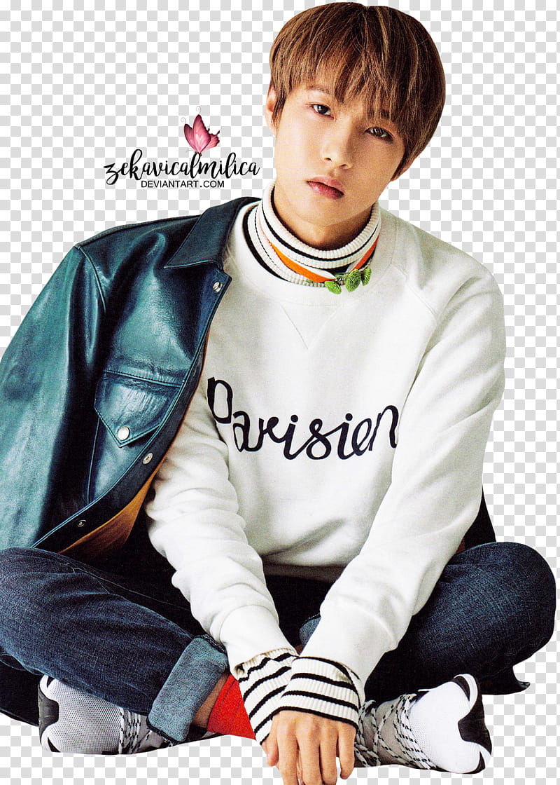 NCT Renjun  Season Greetings, man wearing white and black Parisien-printed sweatshirt transparent background PNG clipart