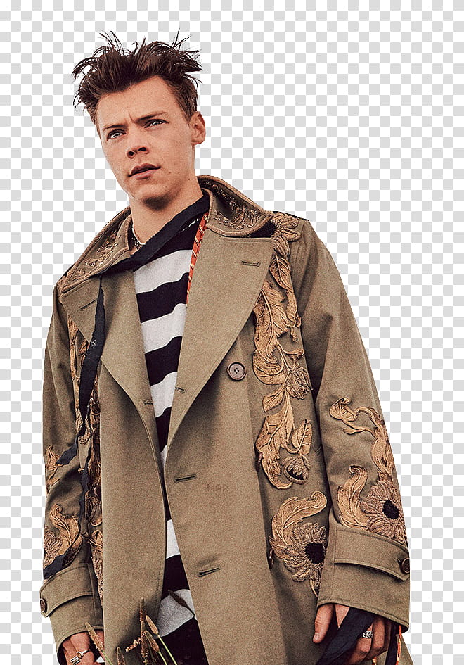 Harry Styles, man wearing brown trench coat transparent background PNG clipart