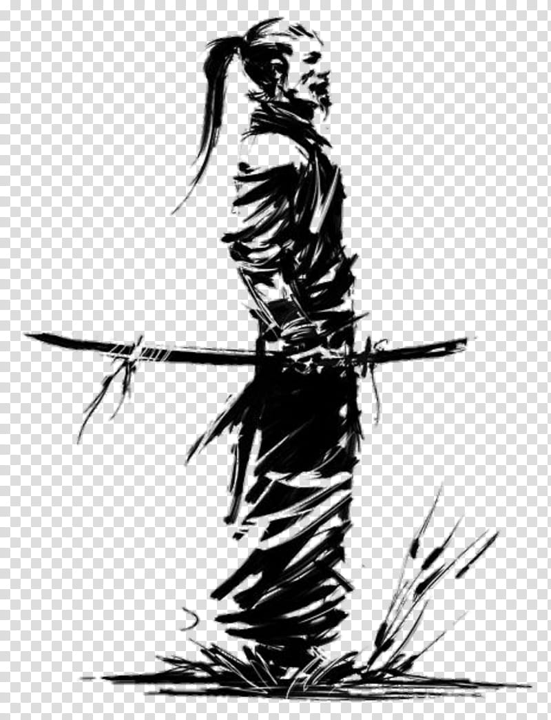 Samurai Drawing, Katana, Sword, Bushido, Displate, Warrior, Miyamoto Musashi, Blackandwhite transparent background PNG clipart