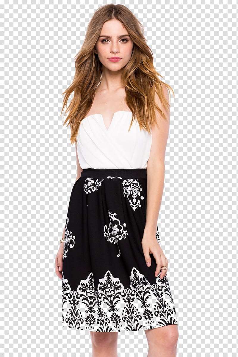 Bridget Satterlee, woman wearing white and black floral strapless top transparent background PNG clipart
