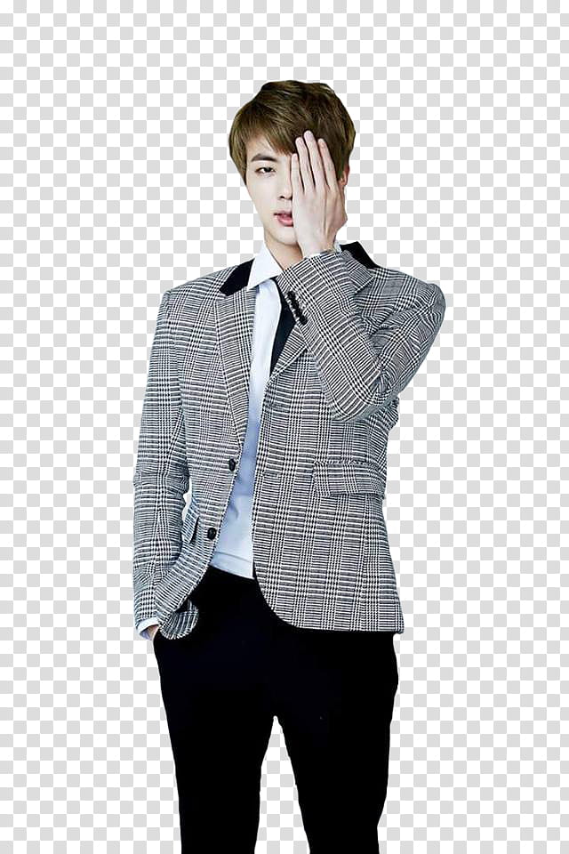 BTS JIN Birthday, man and gray blazer covering his left eye with his hand transparent background PNG clipart