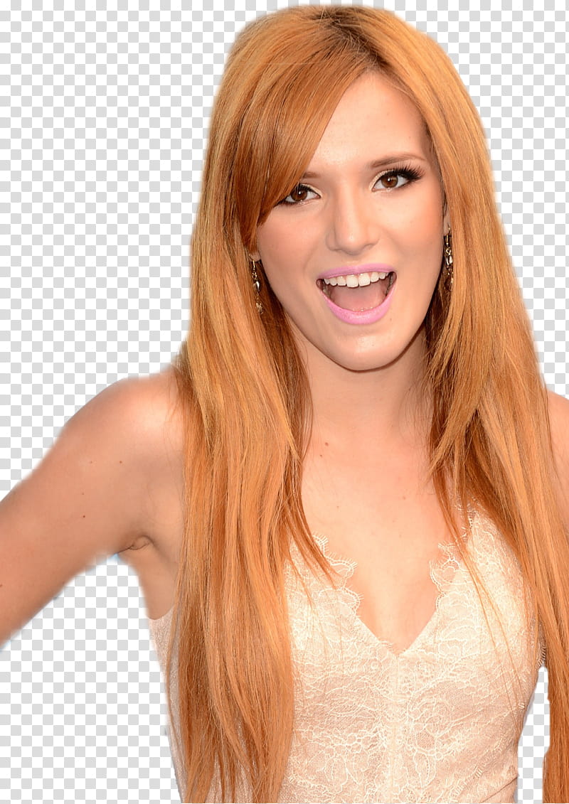 Bella Thorne, woman wearing beige lace V-neck sleeveless top transparent background PNG clipart