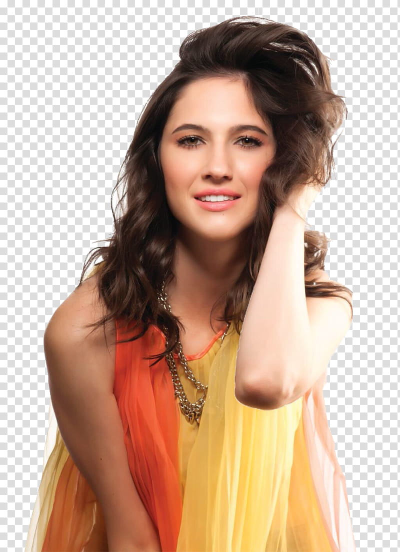 Lodovica Comello Mariposa Shoot, of a woman in orange and yellow blouse transparent background PNG clipart