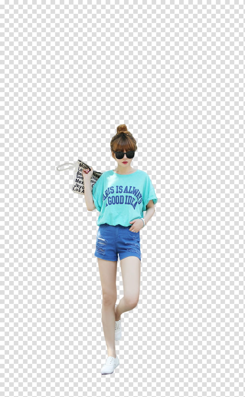 Ulzzang Girl, standing woman wearing teal shirt holding white bg transparent background PNG clipart