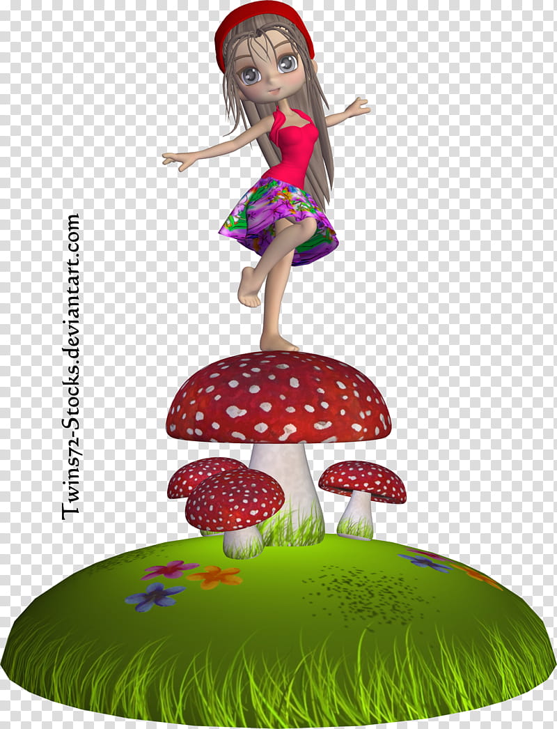 Cookie , animated girl wearing red tank top and multicolored floral skirt standing on red mushroom transparent background PNG clipart