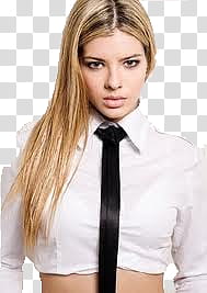 Euge Suarez, woman wearing white crop top and black necktie transparent background PNG clipart