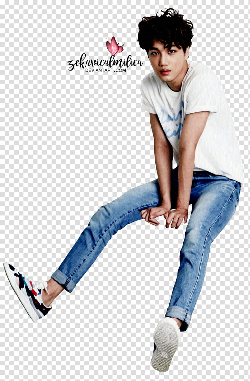 EXO Kai  Season Greetings, men wearing white crew-neck t-shirt and blue denim jeans with pair of low-top sneakers transparent background PNG clipart
