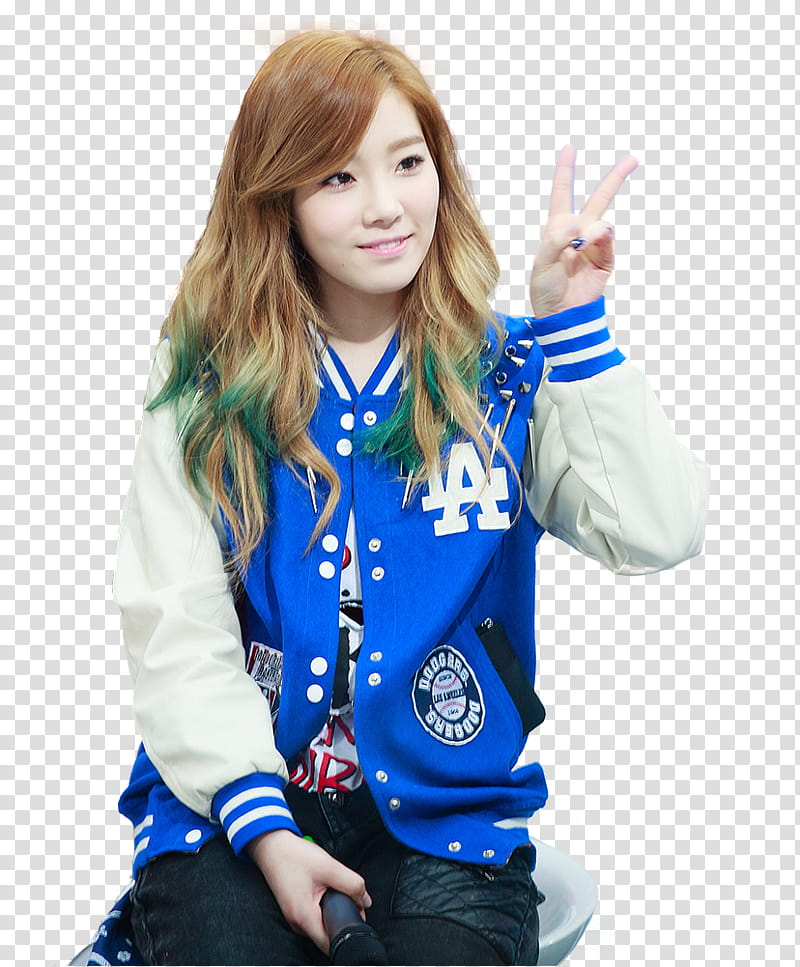 Taeyeon SNSD render, smiling woman wearing blue and white letterman jacket gesturing peace hand sign transparent background PNG clipart