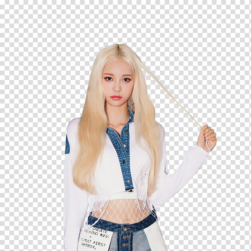 JinSoul LOONA, woman wearing white and blue long-sleeved shirt left hand holding hair transparent background PNG clipart