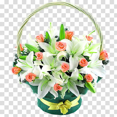 Flowers, white lilies and pink roses in basket transparent background PNG clipart
