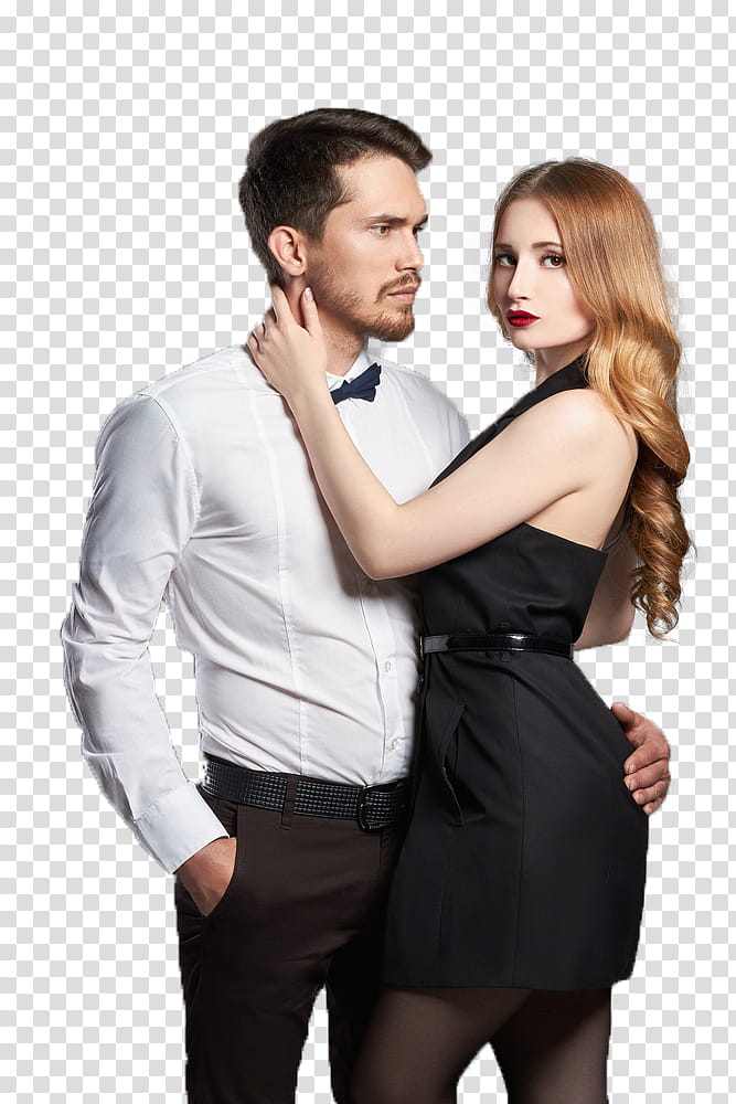 COUPLE , man wearing white dress shirt besides woman wearing black halter dress transparent background PNG clipart