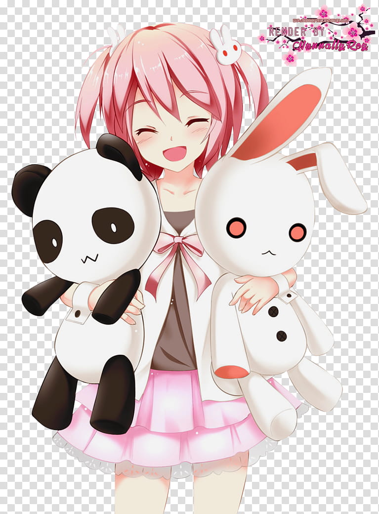 smiling girl holding rabbit and panda plush toys illustration transparent background PNG clipart
