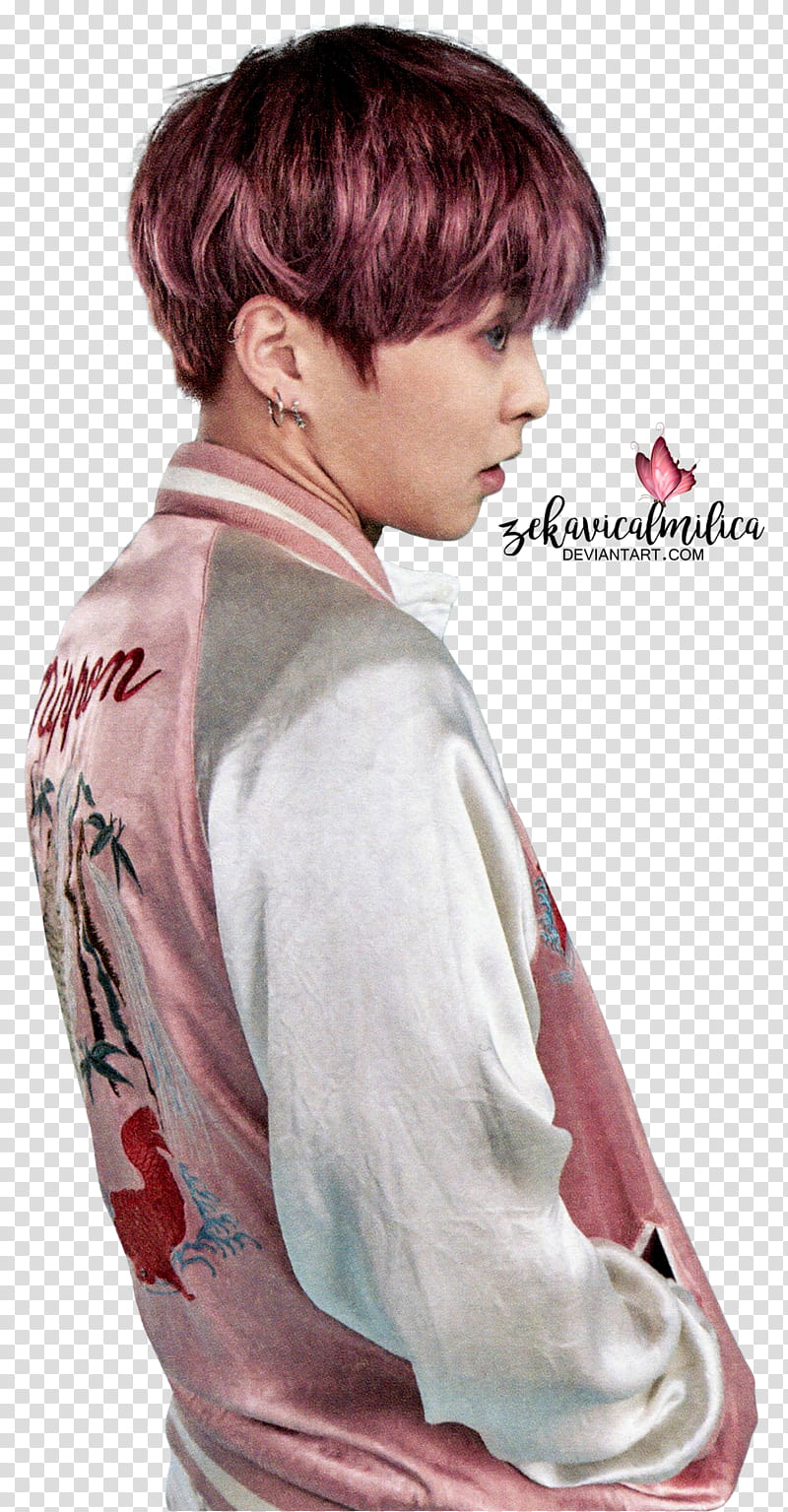 EXO Xiumin Lucky One, man in pink and gray letterman jacket transparent background PNG clipart