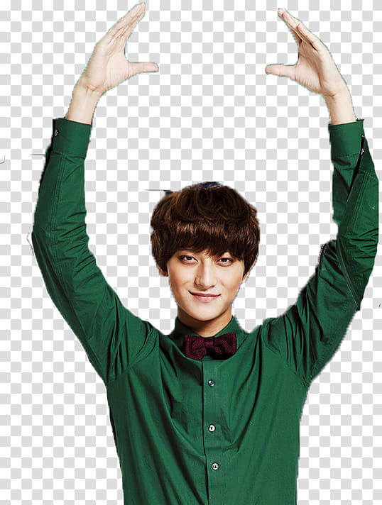 EXO Miracle of December Ver, man wearing green long-sleeve shirt raising both hands transparent background PNG clipart
