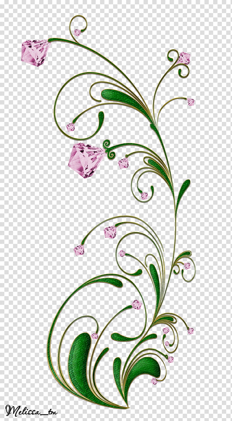 green swirl with pink gems, pink flowers illustration transparent background PNG clipart