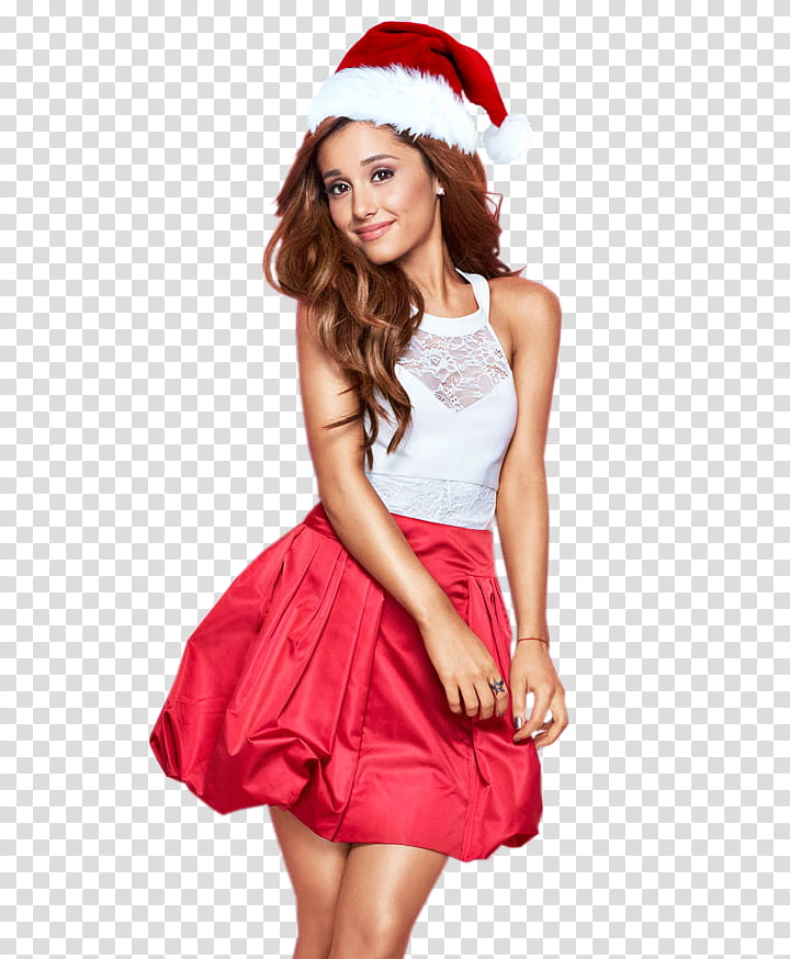 Navideno ZIP Gatita edicion , Ariana Grande wearing white and red sleeveless mini dress standing and smiling transparent background PNG clipart