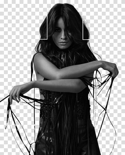 Camila Cabello, grayscale graphy of woman wearing black leather fringed top transparent background PNG clipart