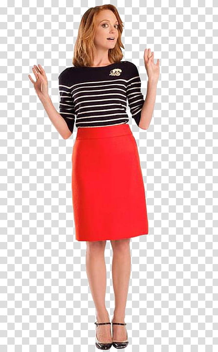 Glee Dodgeballs, woman in black and white sweatshirt, red pencil skirt, and pair of black heel shoes outfit transparent background PNG clipart