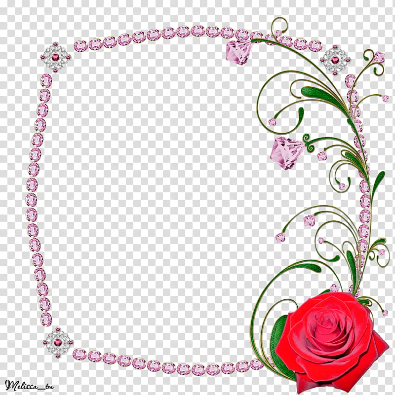 frame from pink gems with rose and swirl, red rose flowers transparent background PNG clipart