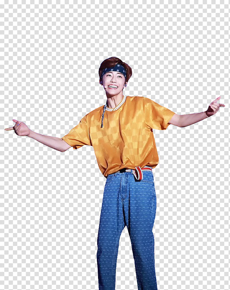 JAEMIN NCT DREAM, smiling man wearing yellow shirt and blue pants transparent background PNG clipart