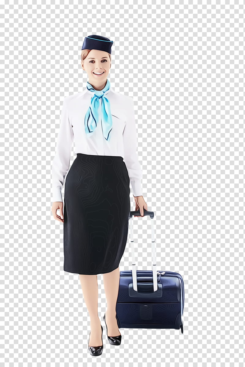 clothing pencil skirt turquoise flight attendant standing, Watercolor, Paint, Wet Ink, Fashion, Uniform, Suitcase, Baggage transparent background PNG clipart