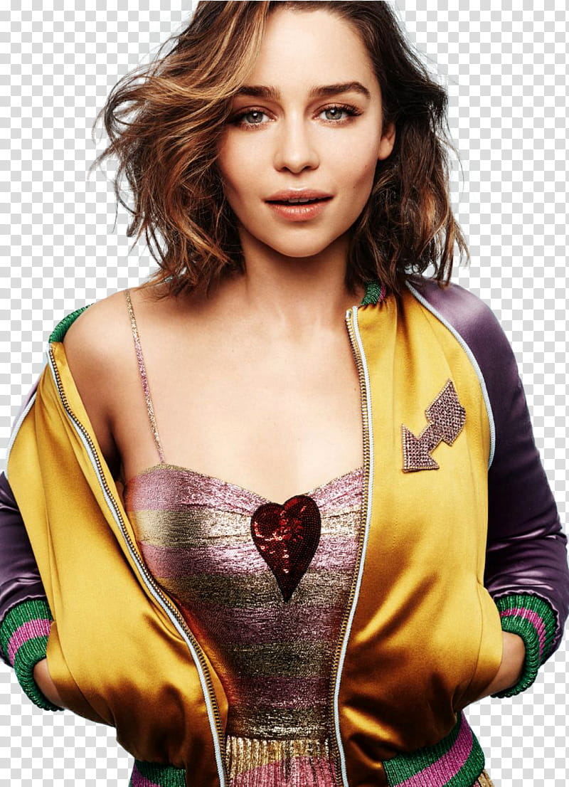 Emilia Clarke, woman wearing yellow and purple zip-up jacket transparent background PNG clipart