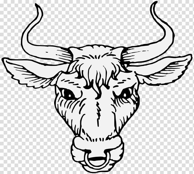 horn bovine head snout black-and-white, Blackandwhite, Cowgoat Family, Ox, Bull, Line Art transparent background PNG clipart