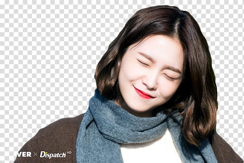 YERI RED VELVET, smiling woman wearing brown cardigan and blue scarf transparent background PNG clipart