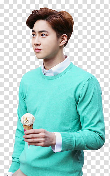 EXO, man holding cone ice cream wearing teal long-sleeved shirt transparent background PNG clipart
