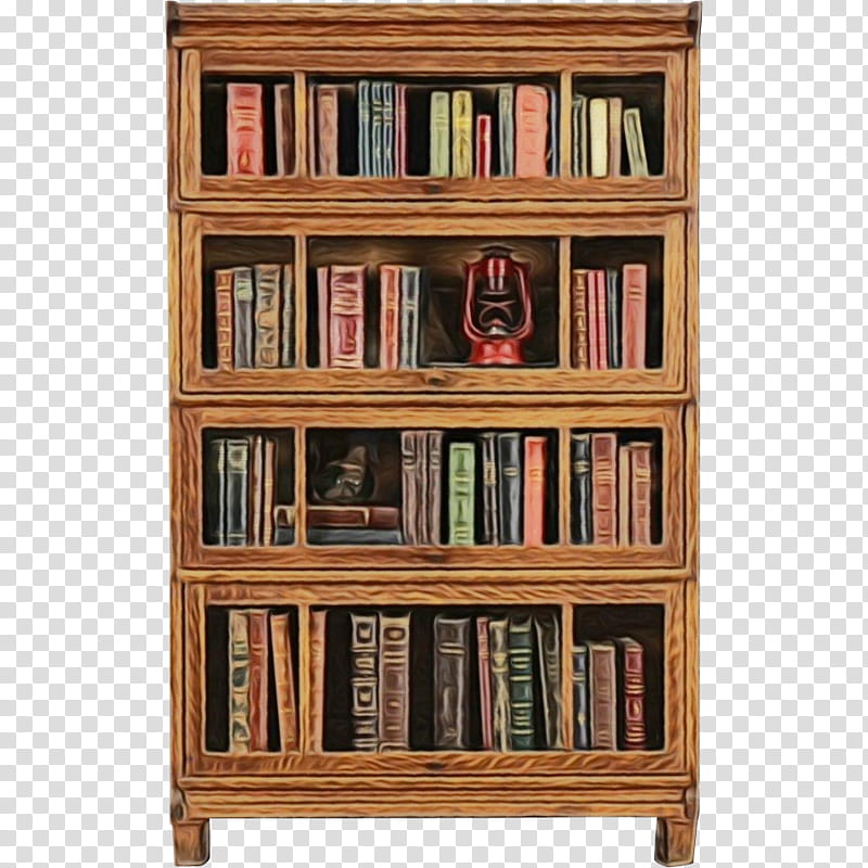 shelving bookcase shelf furniture wood, Watercolor, Paint, Wet Ink, Hardwood, Library, Drawer, Table transparent background PNG clipart