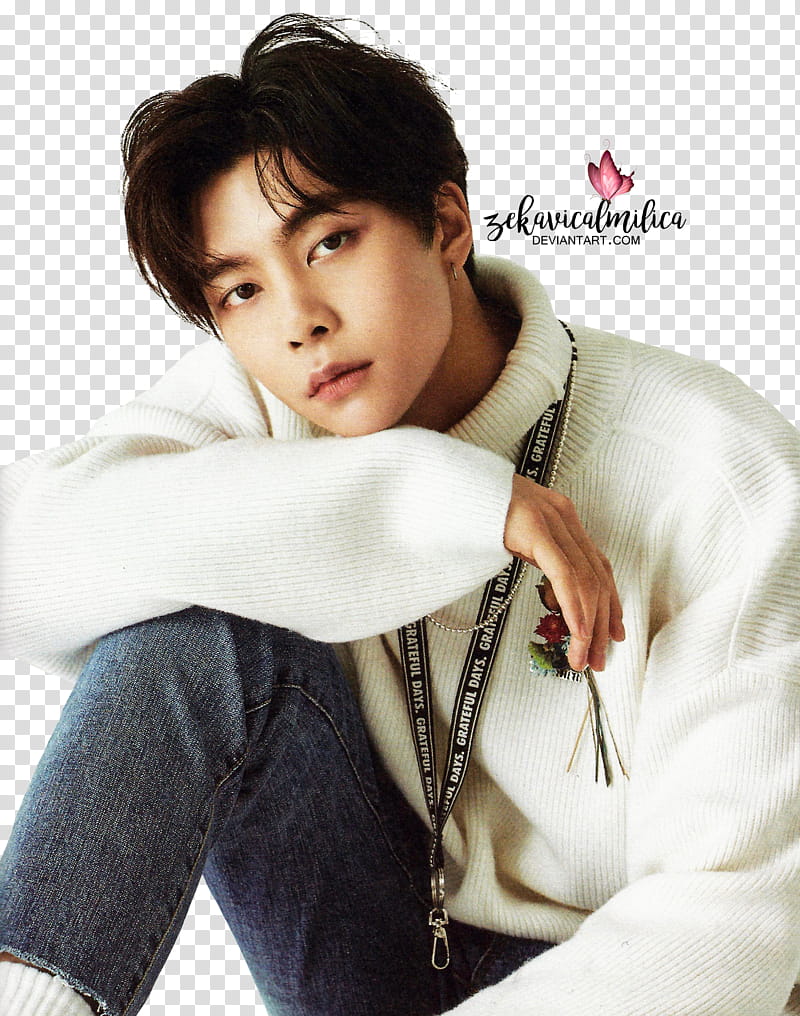 NCT Johnny  Season Greetings, man in white sweatshirt leaning on knee transparent background PNG clipart