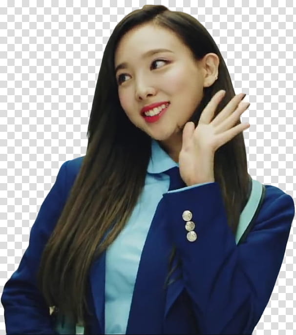 TWICE What Is Love MV, smiling woman in blue blazer with raise right palm transparent background PNG clipart