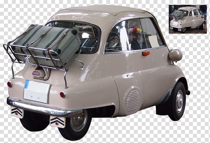 oldtimer car BMW isetta rear view with suitcase transparent background PNG clipart