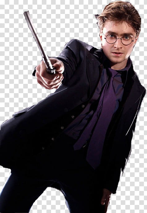POTTER, Daniel Radcliffe wearing black button-up suit while holding black wand transparent background PNG clipart