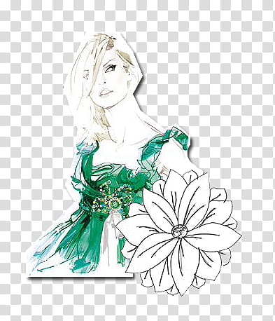 woman wearing green floral dress sketch transparent background PNG clipart