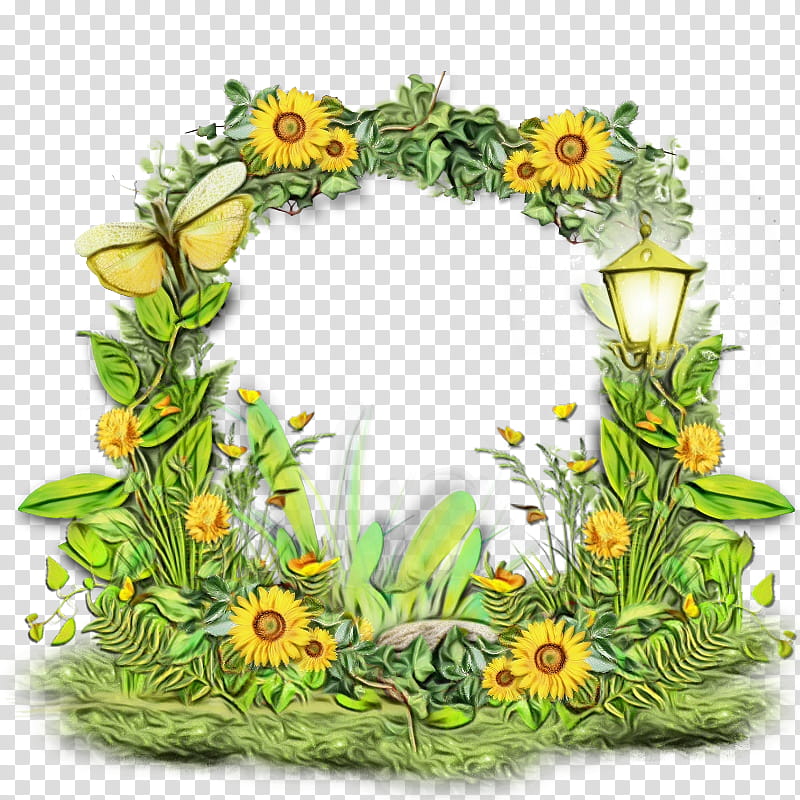 Green Grass, Floral Design, Frames, Flower, Common Sunflower, Yellow, Wreath, Watercolor Painting transparent background PNG clipart